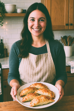 Michelle with empanadas on a white plate.